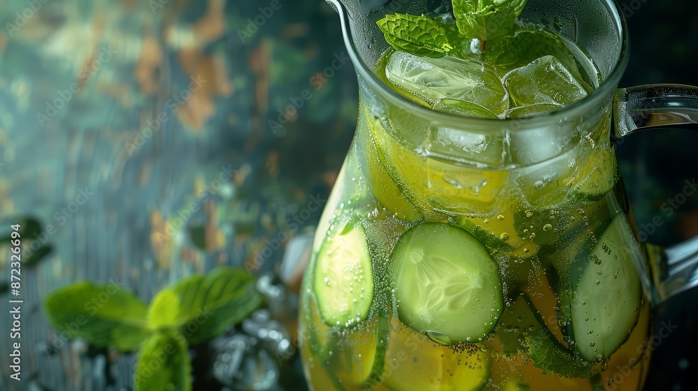 A pitcher of iced green tea with frozen cubes of sliced cucumber and mint leaves A pitcher of iced green tea with frozen cubes of sliced cucumber and mint leaves