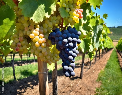 close-up In a sun-drenched vineyard, Ripe Grapes Hanging in a Vineyard at Sunset photo