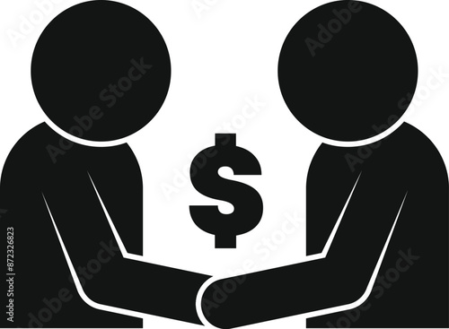 Two businessmen shaking hands with a dollar sign between them, representing a successful business agreement