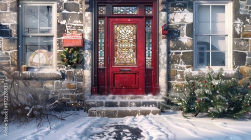 glossy ruby red door with intricate stained glass on a classic stone house, adding a touch of elegance to a snowy street