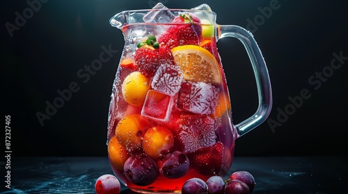 A pitcher of infused water with frozen cherries and slices of lime, creating a colorful display photo