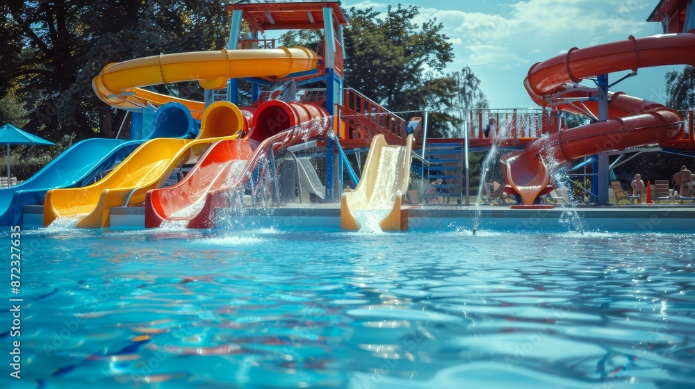 A playful children's pool with water slides and fountains A playful children's pool with water slides and fountains