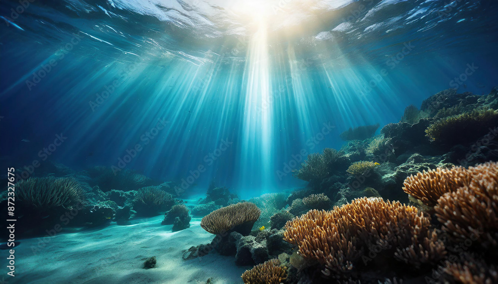 Fototapeta premium An underwater scene featuring vibrant coral reefs illuminated by beams of sunlight penetrating the ocean surface, showcasing the beauty of marine biodiversity.