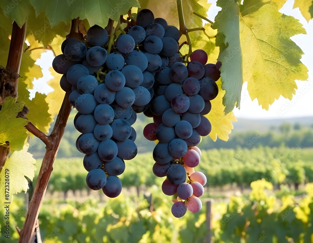 Fototapeta premium close-up In a sun-drenched vineyard, Ripe Grapes Hanging in a Vineyard at Sunset