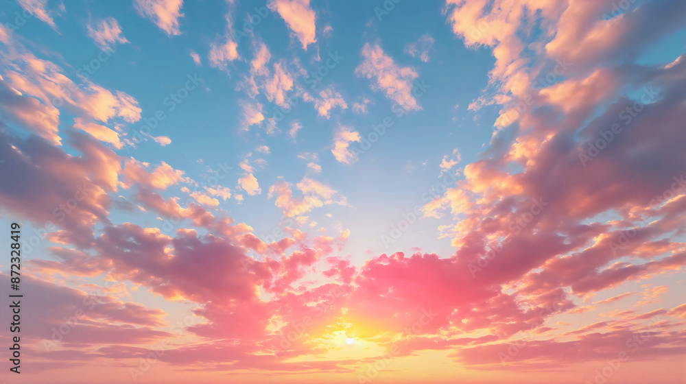 Obraz premium Pink orange and light blue sunset or sunrise sky landscape with clouds. Beautiful summer evening twilight or morning dawn, peaceful pastel dusk horizon