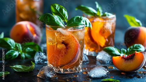 A refreshing iced tea garnished with frozen peach slices and basil leave photo