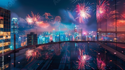 A rooftop view of fireworks illuminating the skyline with reflections in glass buildings photo
