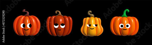Inflatable pumpkins characters with funny faces emoticon. Halloween Day symbol. Inflated 3D element with the plasticine effect. Set cartoon pumpkins shapes. Vector illustration
