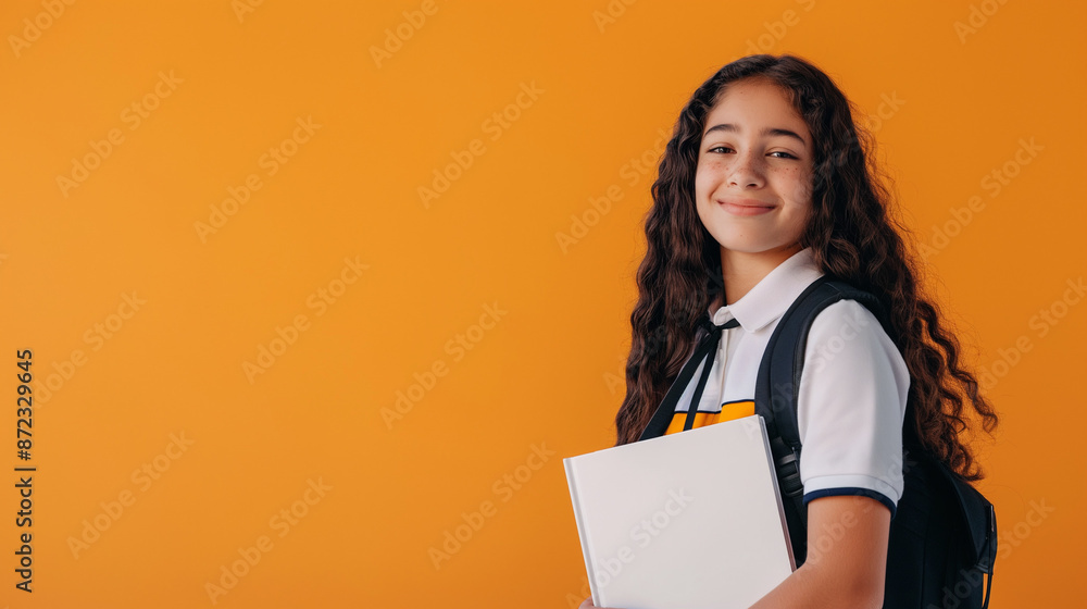 A stylish modern school photo is a portrait of a student who confidently smiles and holds a book in her hands on an orange background. Ideal for topics related to education, youth confidence and acade A stylish modern school photo is a portrait of a student who confidently smiles and holds a book in her hands on an orange background. Ideal for topics related to education, youth confidence and acade
