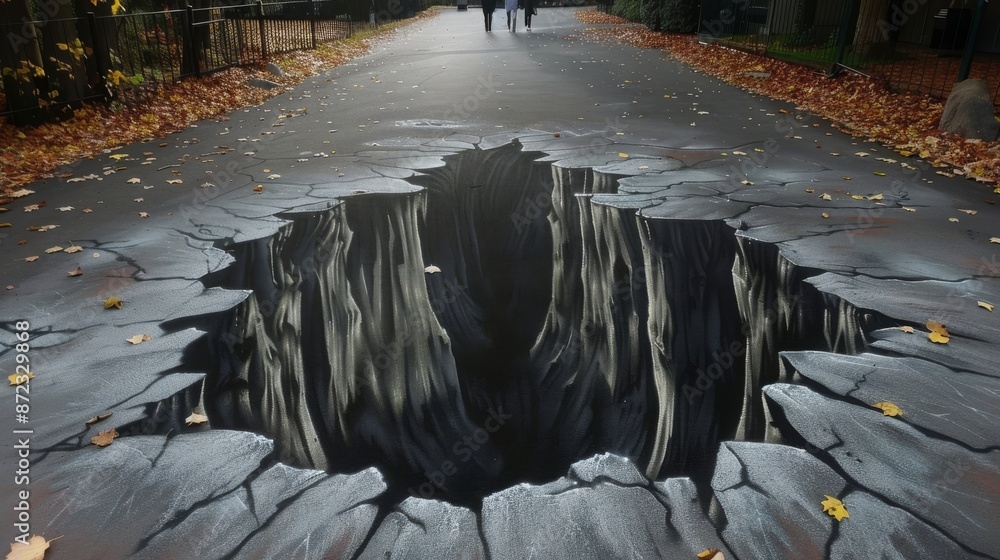 Naklejka premium 3D street art mural on a pavement, creating a realistic illusion of a deep, dark hole in the ground, surrounded by autumn leaves, with people walking in the background.