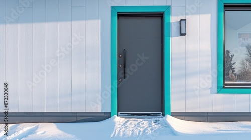 matte charcoal grey door with bright aqua trim on a modern house, stylish and inviting against the winter white