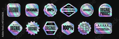 Set of holographic stickers for original products. Product quality guarantee hologram diferent shape sticker. Certified product iridescent tag, authenticity guarantee shiny vector seal