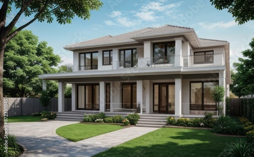 A Contemporary Dwelling with Stylish Architecture  Beautiful Exterior Design  and a Serene Garden Setting. Perfect Family Home in a Residential Neighborhood  Featuring Thoughtful Construction
