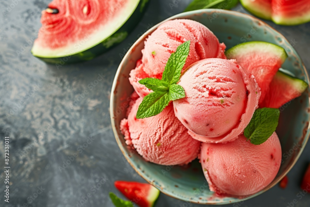 Refreshing watermelon ice cream in a ceramic bowl topped with mint leaves Refreshing watermelon ice cream in a ceramic bowl topped with mint leaves