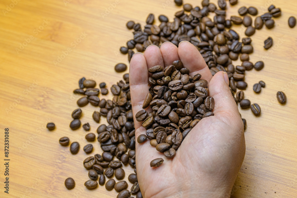 Hands holding roasted coffee beans on a table Hands holding roasted coffee beans on a table
