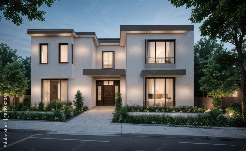 Fototapeta premium A Contemporary Dwelling with Stylish Architecture, Beautiful Exterior Design, and a Serene Garden Setting. Perfect Family Home in a Residential Neighborhood, Featuring Thoughtful Construction
