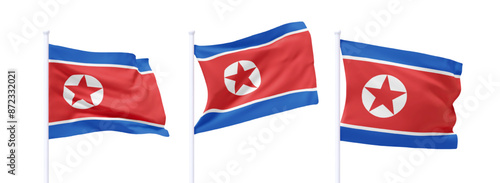 Set of DPRK waving flag on flagpole. Realistic 3d design flag flies on the wind on isolated white background. vector illustration Free Download Set of DPRK waving flag on flagpole. Realistic 3d design flag flies on the wind on isolated white background. vector illustration - GFXLoad