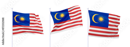 Set of Malaysia waving flag on flagpole. Realistic 3d design flag flies on the wind on isolated white background. vector illustration