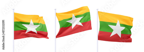 Free Download Set of Myanmar waving flag on flagpole. Realistic 3d design flag flies on the wind on isolated white background. vector illustration - GFXLoad