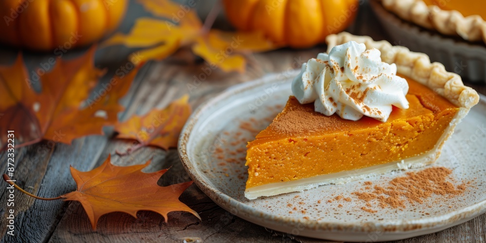 Slice of pumpkin pie with whipped cream on a ceramic plate, surrounded by autumn leaves and pumpkins. Thanksgiving celebration concept Banner with copy space Slice of pumpkin pie with whipped cream on a ceramic plate, surrounded by autumn leaves and pumpkins. Thanksgiving celebration concept Banner with copy space