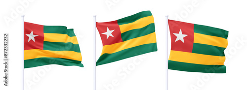 Set of Togo waving flag on flagpole. Realistic 3d design flag flies on the wind on isolated white background. vector illustration