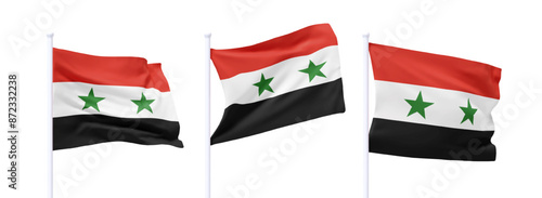 Set of Syrian waving flag on flagpole. Realistic 3d design flag flies on the wind on isolated white background. vector illustration