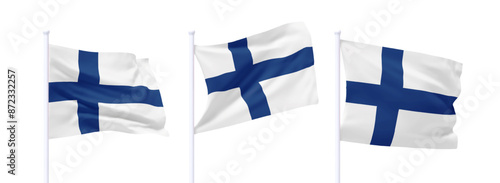 Set of Finland waving flag on flagpole. Realistic 3d design flag flies on the wind on isolated white background. vector illustration