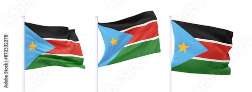 Set of South Sudan waving flag on flagpole. Realistic 3d design flag flies on the wind on isolated white background. vector illustration