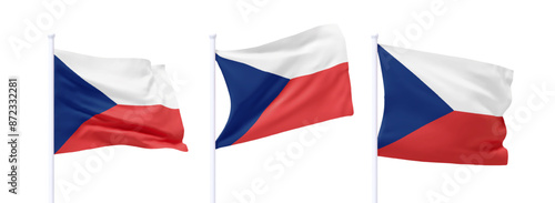 Set of Czech Republic waving flag on flagpole. Realistic 3d design flag flies on the wind on isolated white background. vector illustration
