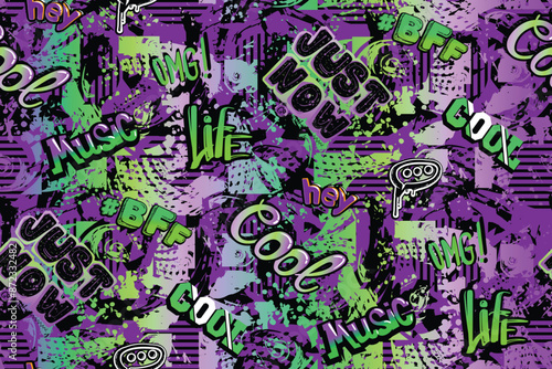 Abstract seamless chaotic pattern with urban graffiti words, grunge background, scuffed surface, sprays. Grunge textured background and typography print. teenagers prints Wallpaper for boys. 