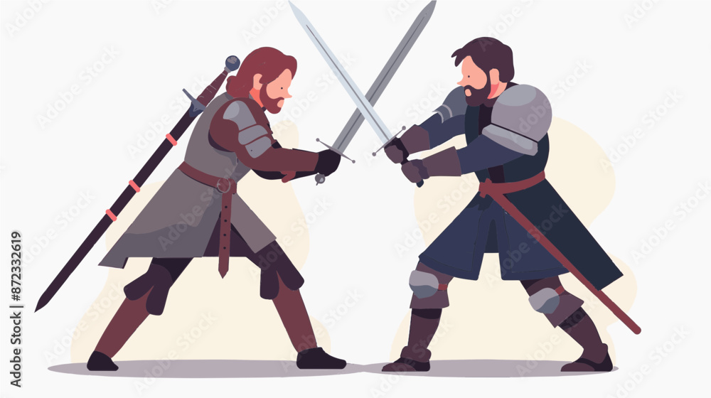 Fototapeta premium Two medieval knights clashing swords in a dynamic duel scene illustration. Fantasy character vector art isolated on a white background.