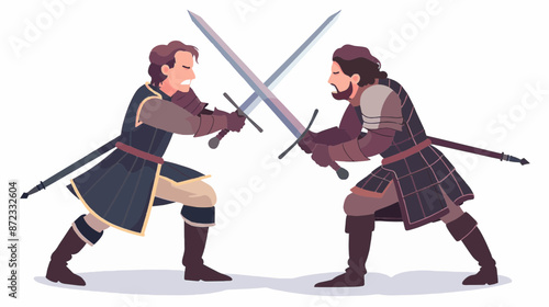 Flat style artwork of warriors in full armor engaging in a sword fight. Fantasy character vector art isolated on a white background.