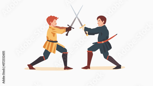Historical sword fight between two men in tunics and boots. Fantasy character vector art isolated on a white background.