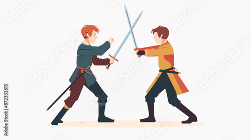 Two swordsmen in a duel practicing fencing techniques in medieval attire. Fantasy character vector art isolated on a white background.