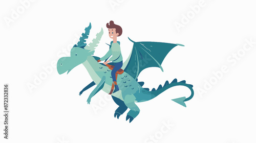 Cartoon boy riding a flying blue dragon in a fantasy illustration