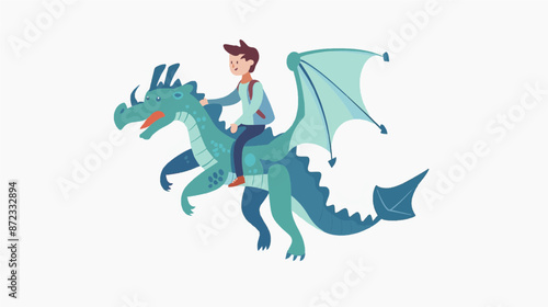 Adventure scene with a young hero on a mythical winged dragon
