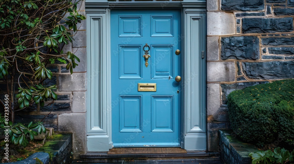 soft sky blue door with ornate brass handles on a dark grey stone house, providing a serene and welcoming entrance soft sky blue door with ornate brass handles on a dark grey stone house, providing a serene and welcoming entrance