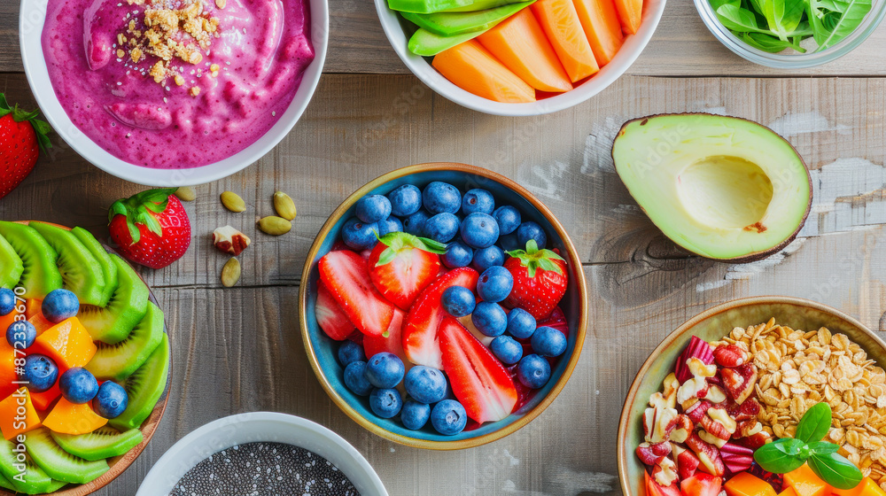 bowls with different fruits, porridge, at flakes and chia seeds bowls with different fruits, porridge, at flakes and chia seeds