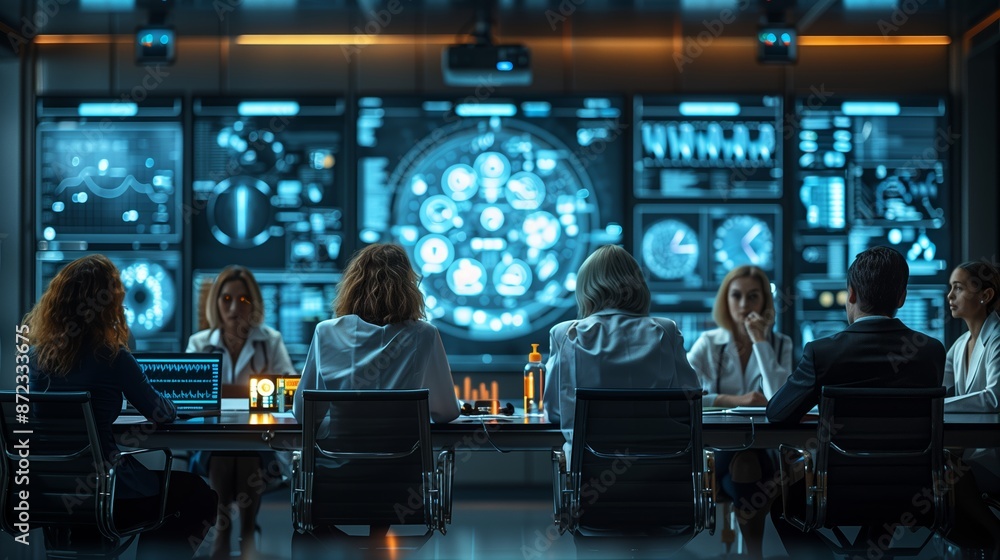 Team of Professionals Working in a Modern Control Room With Large Data Visualizations