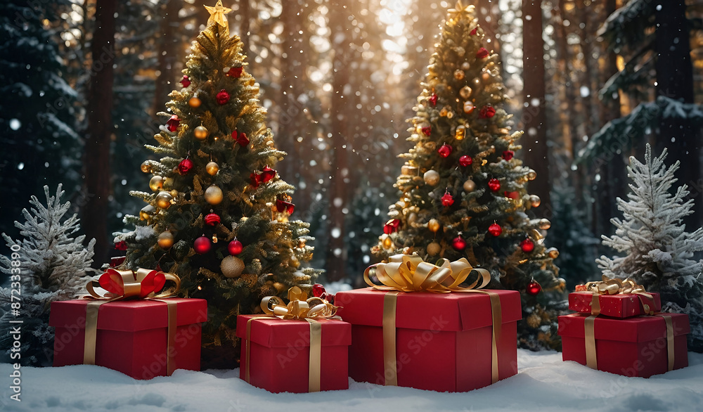 Illuminated christmas trees with red and golden garlands into a forest with snowy flakes with shape of stars close to xmas gifts in red boxes , Generative AI illustration Illuminated christmas trees with red and golden garlands into a forest with snowy flakes with shape of stars close to xmas gifts in red boxes , Generative AI illustration