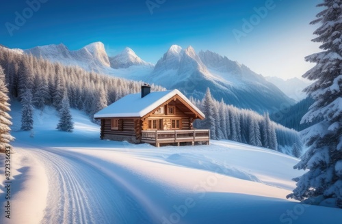 Banner. Road leading to a wooden house with snow on the roof in a snowy forest in the mountains. Christmas holiday concept.