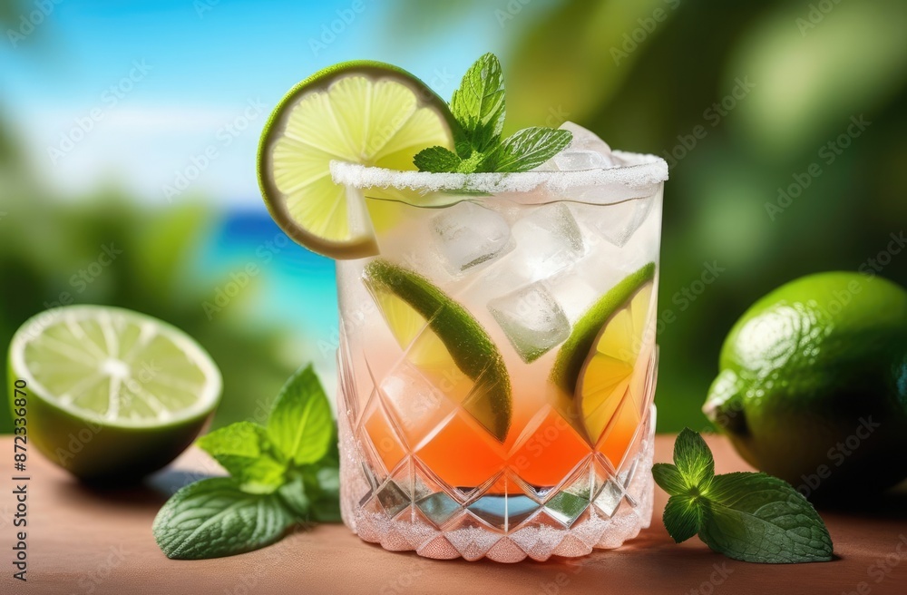 Close-up. A refreshing cocktail with fresh lime, mint and ice set against a tropical seascape on a sunny day. Close-up. A refreshing cocktail with fresh lime, mint and ice set against a tropical seascape on a sunny day.