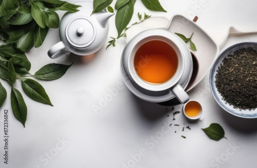 Banner. Top view of a composition of a blue teapot and tea cups with fresh tea leaves and bowls of dried tea leaves on a white background. Tea party concept.