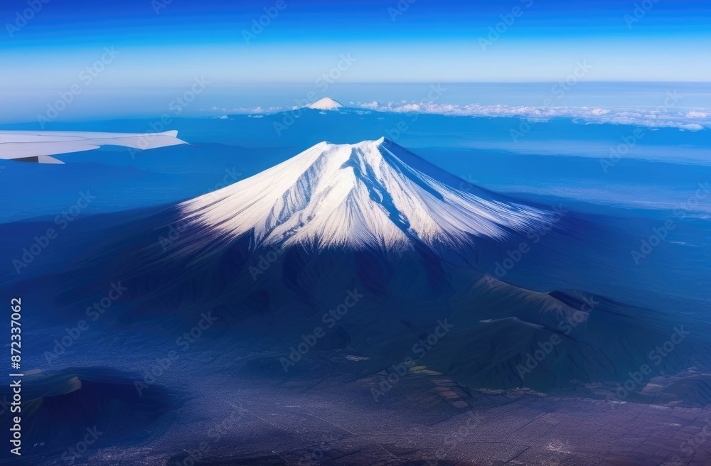 Fototapeta premium Bird's eye view of a dormant volcano and clouds floating around it.