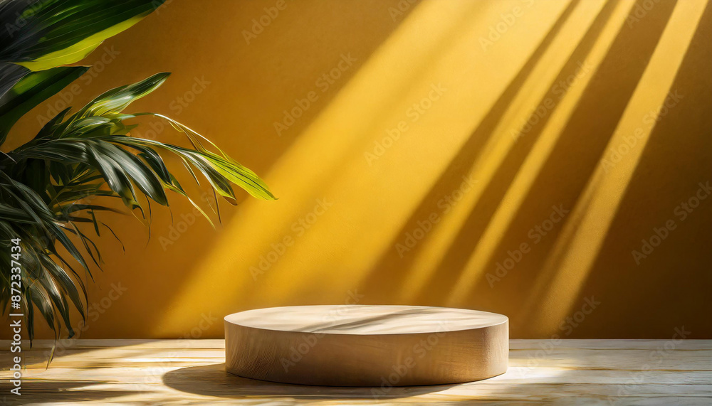 yellow background for product presentation with podium to showcase product illuminated by multiple beams of light yellow background for product presentation with podium to showcase product illuminated by multiple beams of light