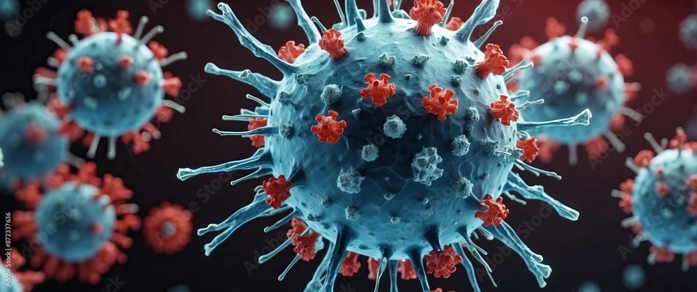 Microscopic view of a coronavirus particle, highlighting its structure Suitable for representing pandemic, infection control, and virology research Microscopic view of a coronavirus particle, highlighting its structure Suitable for representing pandemic, infection control, and virology research