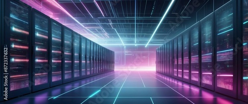 Futuristic data center with neon lights, advanced servers, and high tech infrastructure, ideal for representing AI, data storage, and networking concepts © Qbertstudio