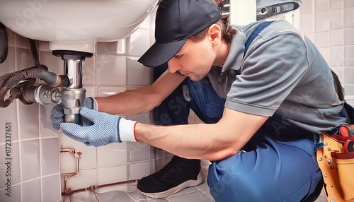 a plumber working on the pipes of a kitchen sink , generated by AI. High quality photo photo