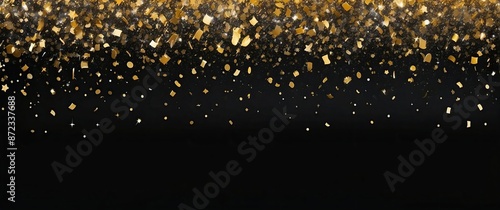 A luxurious black background adorned with scattered gold confetti, ideal for glamorous celebrations or festive events like New Year's, weddings, and anniversaries © Qbertstudio