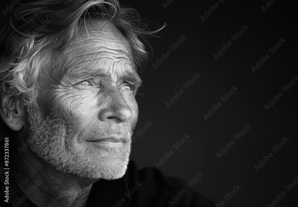 Dramatic black and white portrait of a mature man with a strong, serious expression. His introspective gaze and charismatic presence are captured perfectly Dramatic black and white portrait of a mature man with a strong, serious expression. His introspective gaze and charismatic presence are captured perfectly